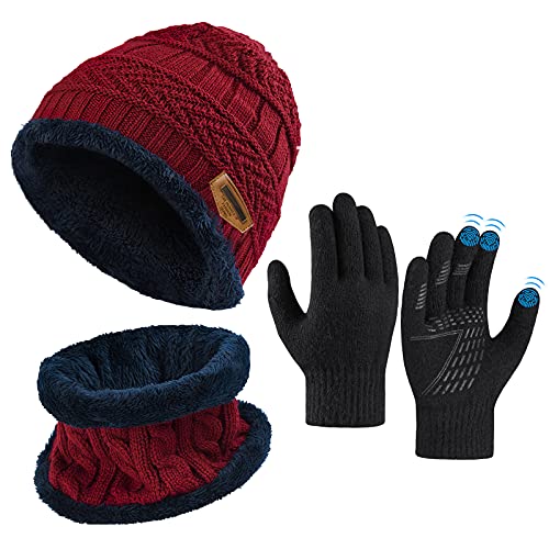 Kinder Wintermütze Schal Touchscreen Handschuhe Set - Beanie Strickmütze Winterschal Thermo Handschuhe | Fleecefutter Warme Knit Hut Loop Schal Rutschfeste Handschuhe | für Junge Mädch 5-10 Jahre von OOPOR