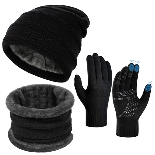 OOPOR Wintermütze Schal Touchscreen Handschuhe Set - Unisex Beanie Strickmütze Winterschal Thermo Handschuhe | Fleecefutter Warme Knit Hut Loop Schal Rutschfeste Handschuhe | für Herren von OOPOR