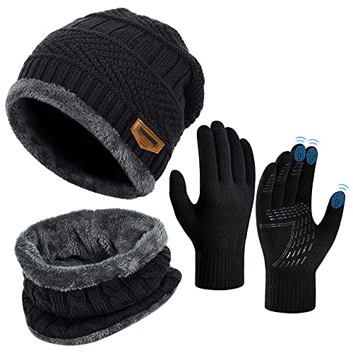 OOPOR Wintermütze Schal Touchscreen Handschuhe Set - Unisex Beanie Strickmütze Winterschal Thermo | Fleecefutter Warme Knit Hut Loop Rutschfeste | für Herre Ski 3-in-1 Winter-Set von OOPOR