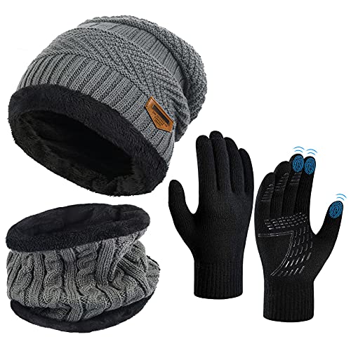 Wintermütze Schal Touchscreen Handschuhe Set - Unisex Beanie Strickmütze Winterschal Thermo Handschuhe | Fleecefutter Warme Knit Hut Loop Schal Rutschfeste Handschuhe | für Herre Ski 3-in-1 Winter-Set von OOPOR