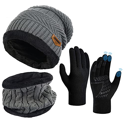 Wintermütze Schal Handschuhe Set - Unisex Beanie Strickmütze Winterschal Thermo Handschuhe | Fleecefutter Warme Knit Hut Loop Schal Rutschfeste | Für Herren Ski 3-in-1 Winter-Set von OOPOR