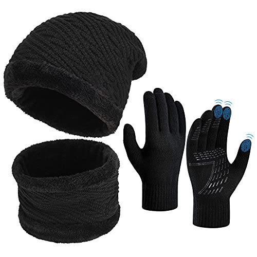 Wintermütze Schal Touchscreen Handschuhe Set - Unisex Beanie Strickmütze Winterschal Thermo Handschuhe | Fleecefutter Warme Knit Hut Loop Rutschfeste | für Herre Ski 3-in-1 Winter-Set von OOPOR