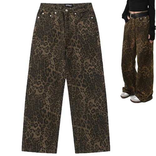 OOTDAY Jeans Mit Leopardenmuster,y2k Pants Leopard Print Pants Straight Leg Jeans Baggy Jeans Oversized Pants Wide Leg Jeans,Jeans Mit Leopardenmuster Baggy,Jeans Mit Leopardenmuster Für Damen von OOTDAY