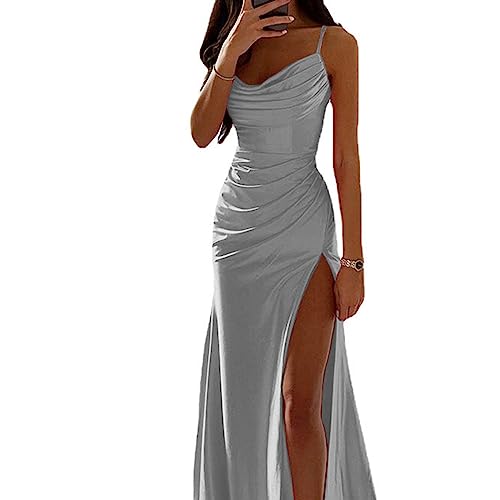 OOTDAY Satin Kleid,Plunging V Neck Prom Dress with Pocket Slit Long Satin Formal,Enge Lange Kleider Mit Schlitz,Elegante Abendkleider,Lang Brautjungfer Kleid Partykleid Mit Schlitz von OOTDAY