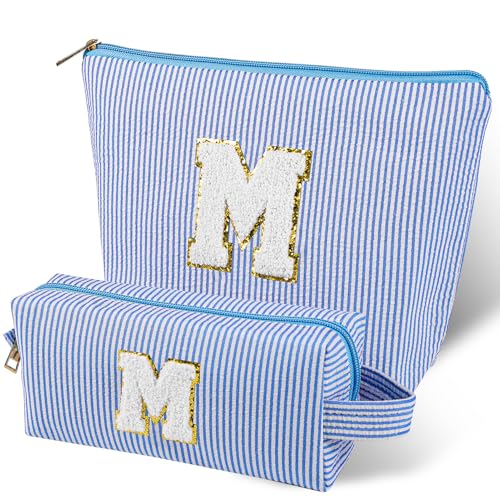 Make-up-Tasche mit Initiale, 2 Stück Personalisiert Schminktasche Damen, Nach Initialen Reise-Make-up-Tasche für Frauen, Mama, Freundin, Muttertag, Valentinstag, Geburtstagsgeschenk（Blau M） von OOTSR