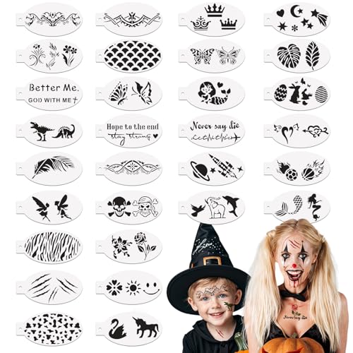 OOTSR 30 Stk Wiederverwendbare Schablonen für Kinder Erwachsene, Tattoo-Schablonen für Gesicht und Körper, Kreativität Tattoo Schablone für Halloween Schminke Partys OOTSR 30 Stk Wiederverwendbare Schablonen für Kinder Erwachsene, Tattoo-Schablonen für Gesicht und Körper, Kreativität Tattoo Schablone für Halloween Schminke Partys von OOTSR