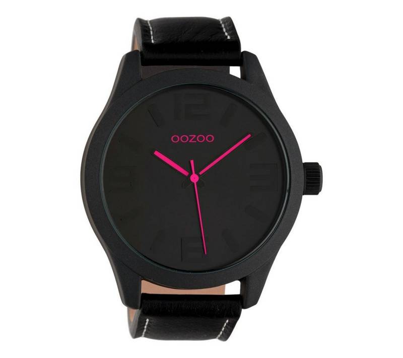 OOZOO Quarzuhr Basic Armbanduhr C1068 Pink Lederband Schwarz 47 mm von OOZOO