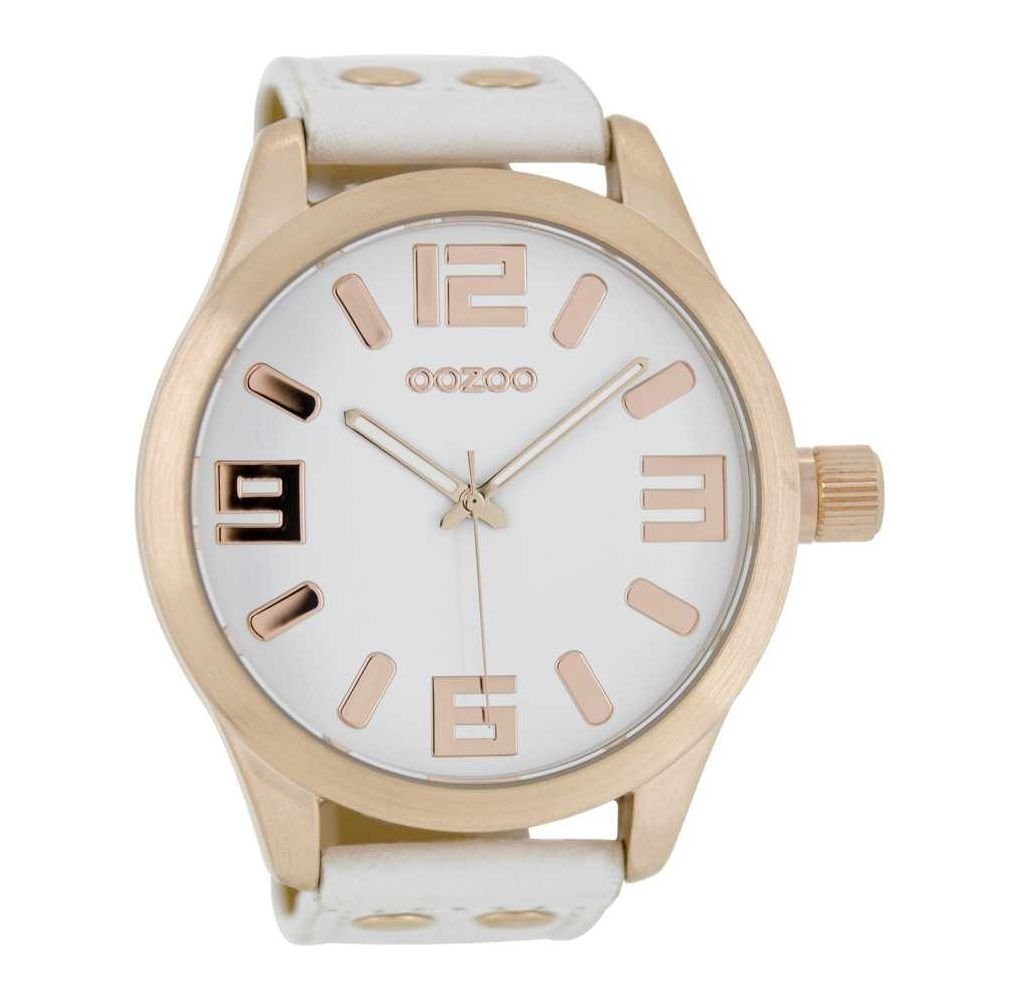 OOZOO Quarzuhr Basic Line Armbanduhr C1100 Rose Lederband Weiss 47 mm von OOZOO