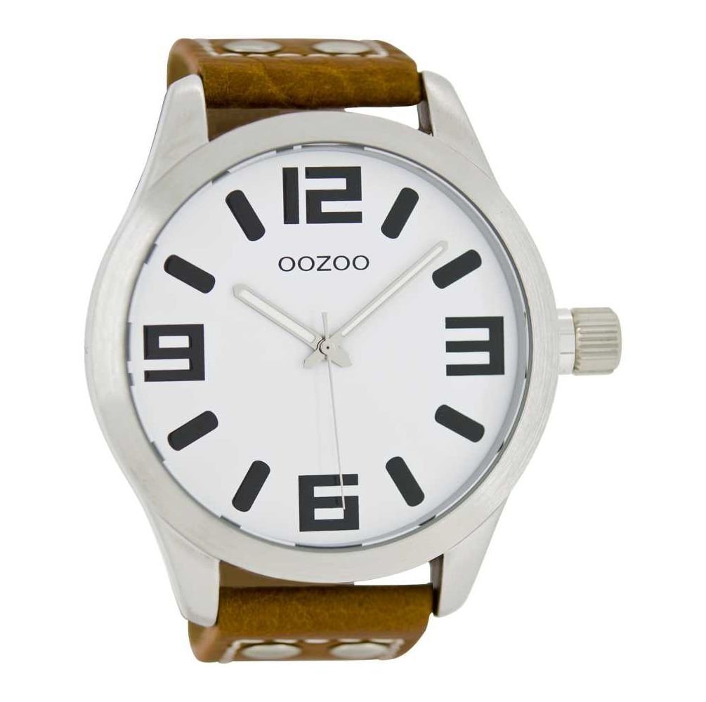 OOZOO Quarzuhr Basic XXL Herrenuhr C1001 Weiss Lederband Cognac 50 mm von OOZOO