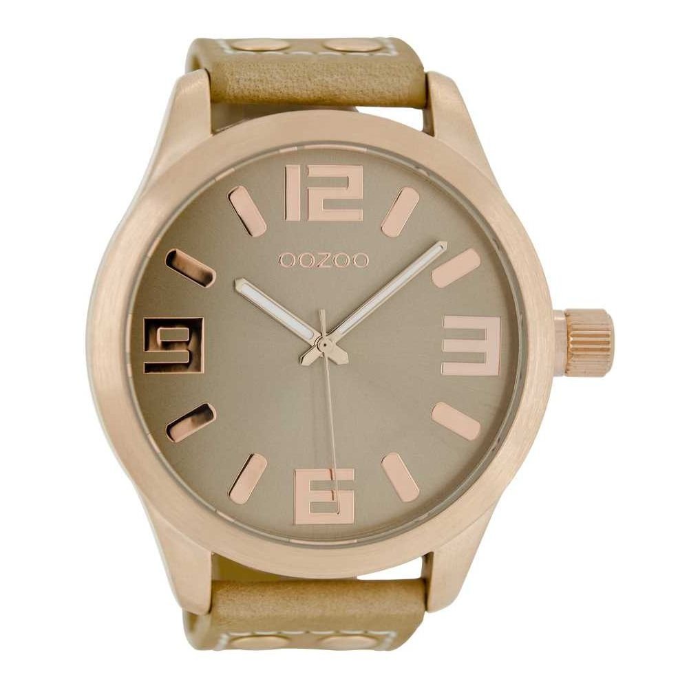 OOZOO Quarzuhr Basic XXL Herrenuhr C1101 Rosé Lederband Beige 50 mm von OOZOO