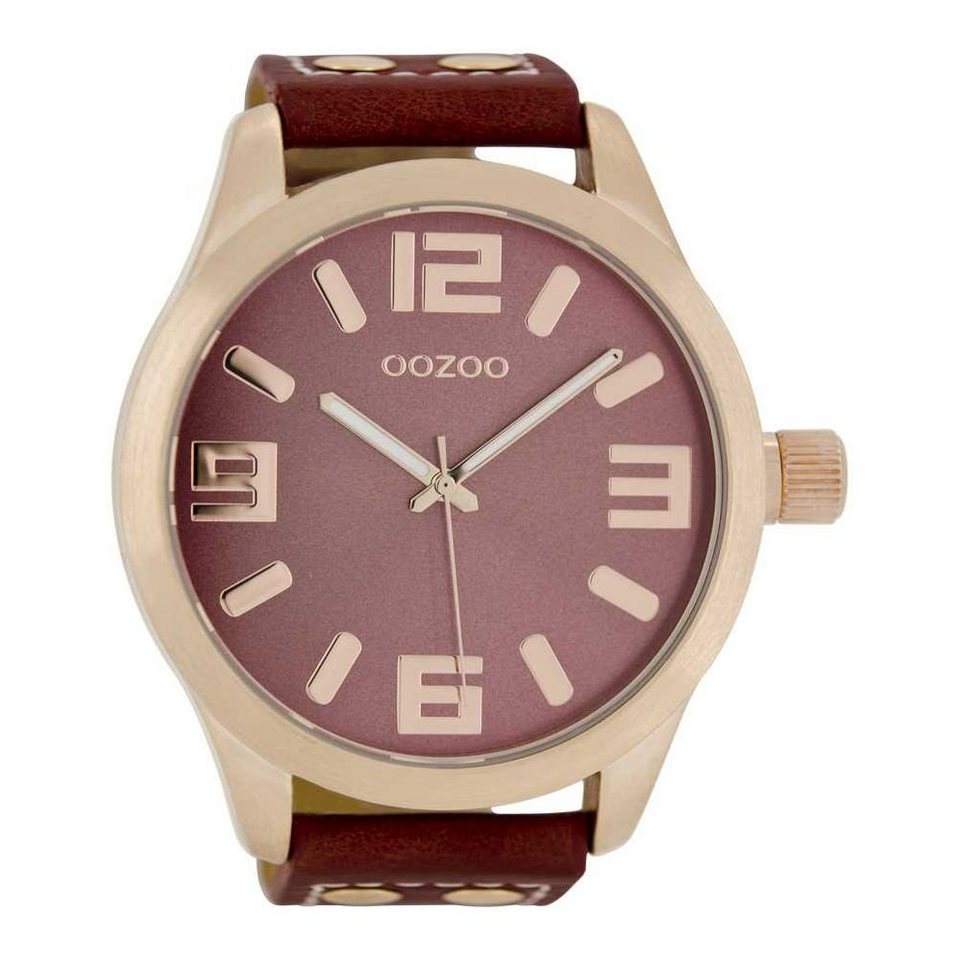 OOZOO Quarzuhr Basic XXL Herrenuhr C1105 Rosé Lederband Korallrot 50 mm von OOZOO