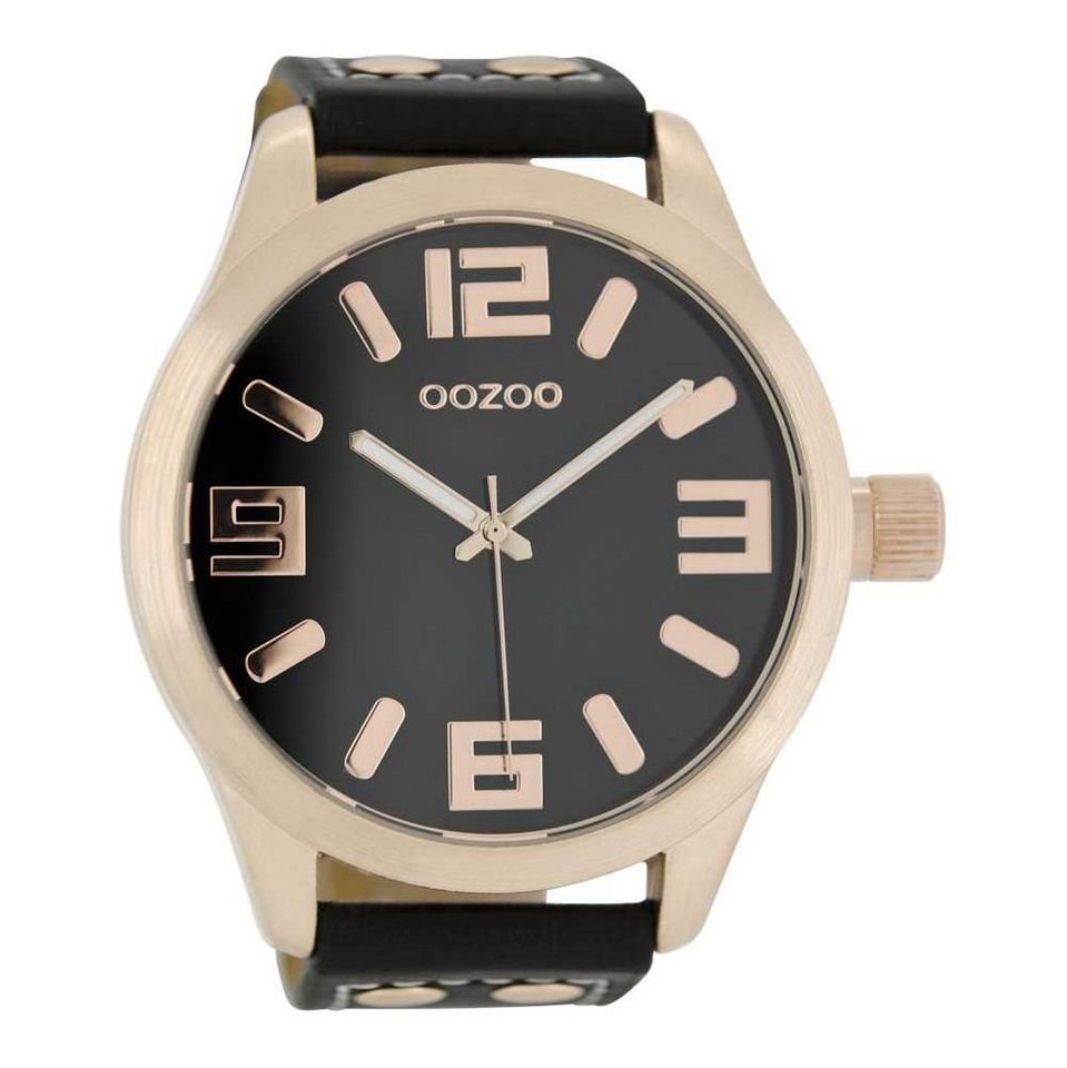 OOZOO Quarzuhr Basic XXL Herrenuhr C1109 Rosé Lederband Schwarz 50 mm von OOZOO