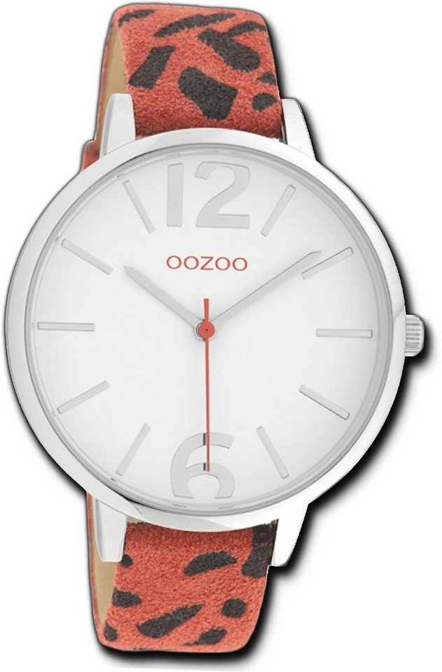 OOZOO Quarzuhr Oozoo Leder Damen Uhr C10194 Quarzuhr, Damenuhr Lederarmband rot, schwarz, rundes Gehäuse, groß (ca. 43mm) von OOZOO