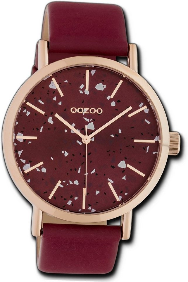 OOZOO Quarzuhr Oozoo Leder Damen Uhr C10412 Analog, Damenuhr Lederarmband weinrot, rundes Gehäuse, groß (ca. 42mm) von OOZOO