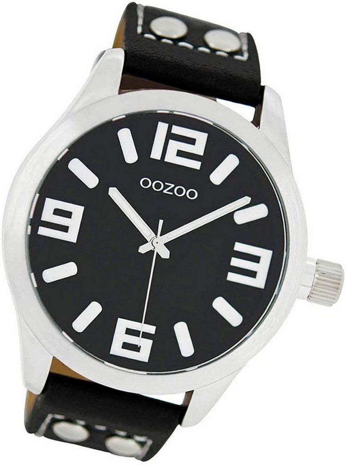 OOZOO Quarzuhr Oozoo Leder Damen Uhr C1054 Analog, Damenuhr Lederarmband schwarz, rundes Gehäuse, extra groß (ca. 46mm) von OOZOO