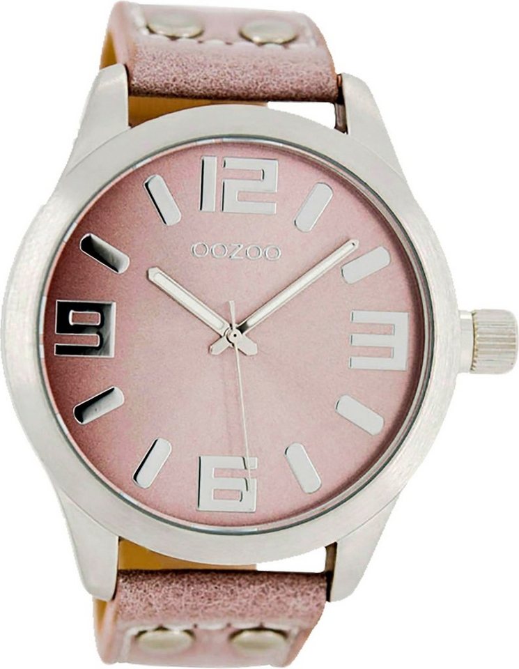 OOZOO Quarzuhr Oozoo Leder Damen Uhr C1058 Analog, Damenuhr Lederarmband rosa, rundes Gehäuse, extra groß (ca. 46mm) von OOZOO