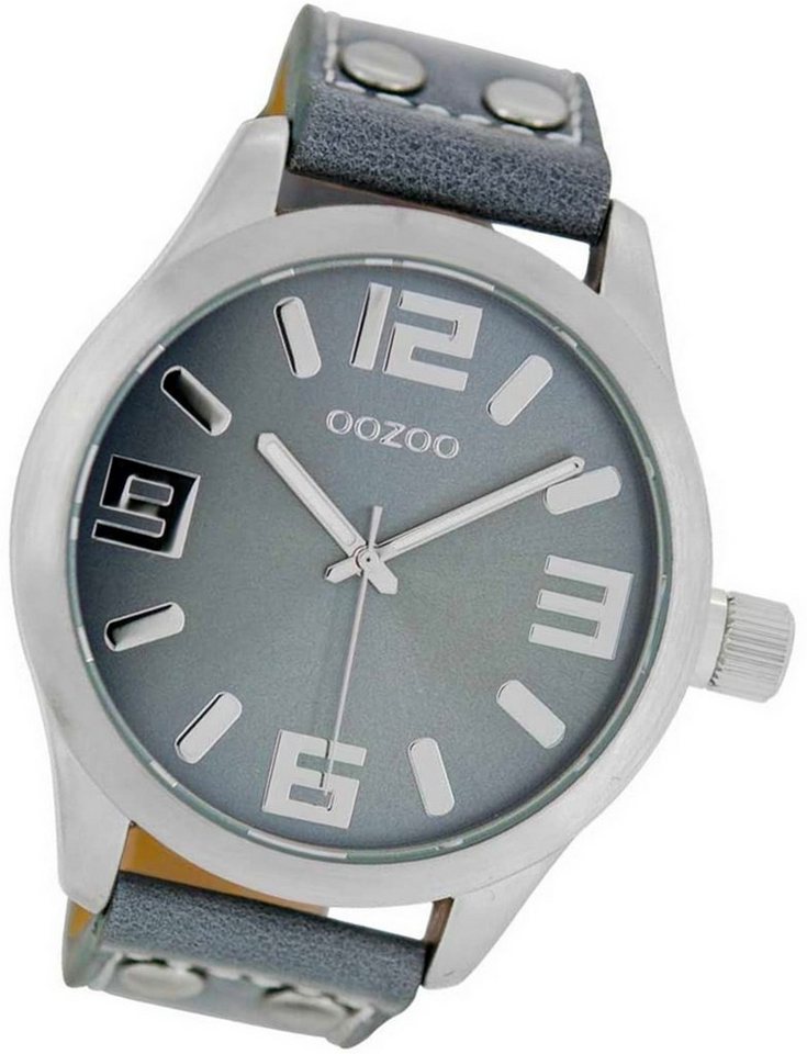 OOZOO Quarzuhr Oozoo Leder Damen Uhr C1060 Analog, Damenuhr Lederarmband grau, rundes Gehäuse, extra groß (ca. 46mm) von OOZOO