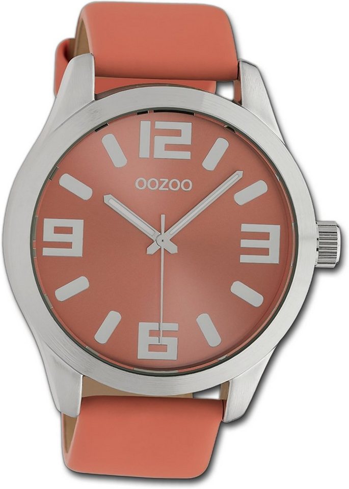 OOZOO Quarzuhr Oozoo Armbanduhr Timepieces, Damenuhr Lederarmband orange, rundes Gehäuse, extra groß (ca. 47mm) von OOZOO