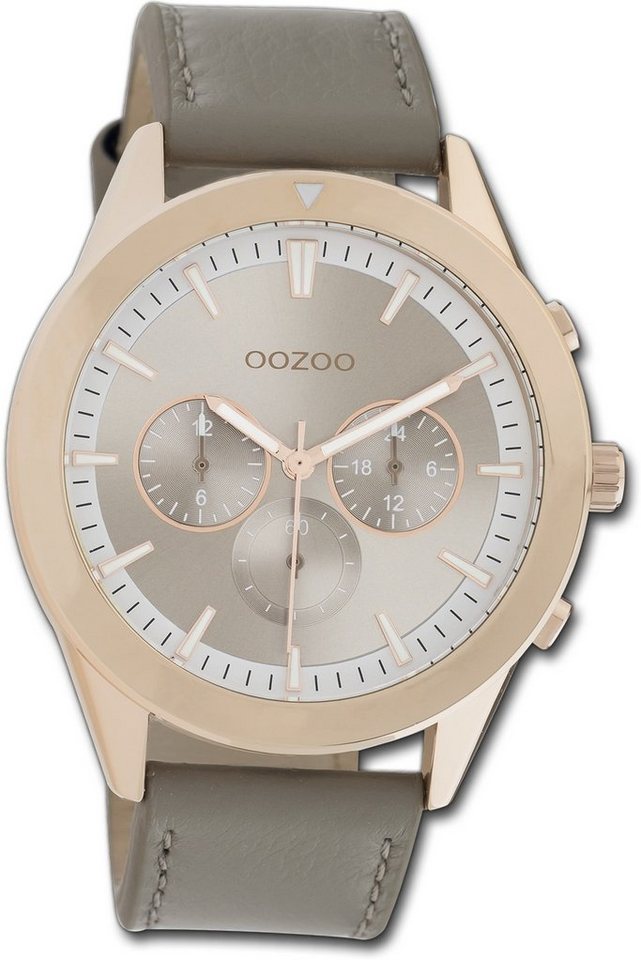 OOZOO Quarzuhr Oozoo Damen Armbanduhr Timepieces, Damenuhr Lederarmband grau, rundes Gehäuse, groß (ca. 45mm) von OOZOO