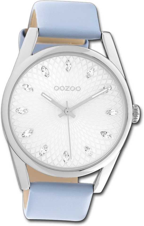 OOZOO Quarzuhr Oozoo Damen Armbanduhr Timepieces, Damenuhr Lederarmband blau, rundes Gehäuse, groß (ca. 45mm) von OOZOO