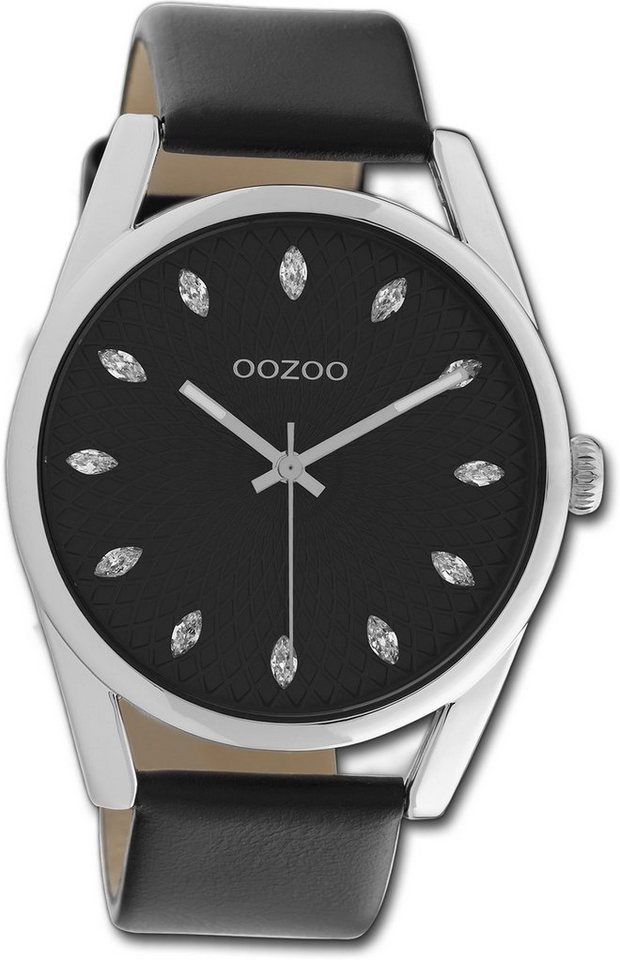 OOZOO Quarzuhr Oozoo Damen Armbanduhr Timepieces, Damenuhr Lederarmband schwarz, rundes Gehäuse, groß (ca. 45mm) von OOZOO