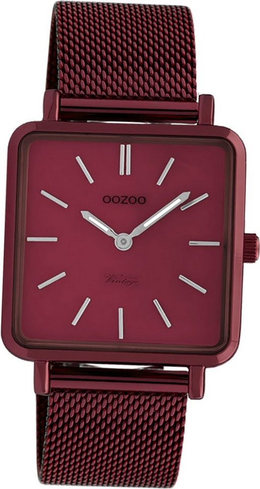 OOZOO Quarzuhr Oozoo Edelstahl Damen Uhr C20011, Damenuhr Edelstahlarmband weinrot, eckiges Gehäuse, klein (ca. 29mm) von OOZOO