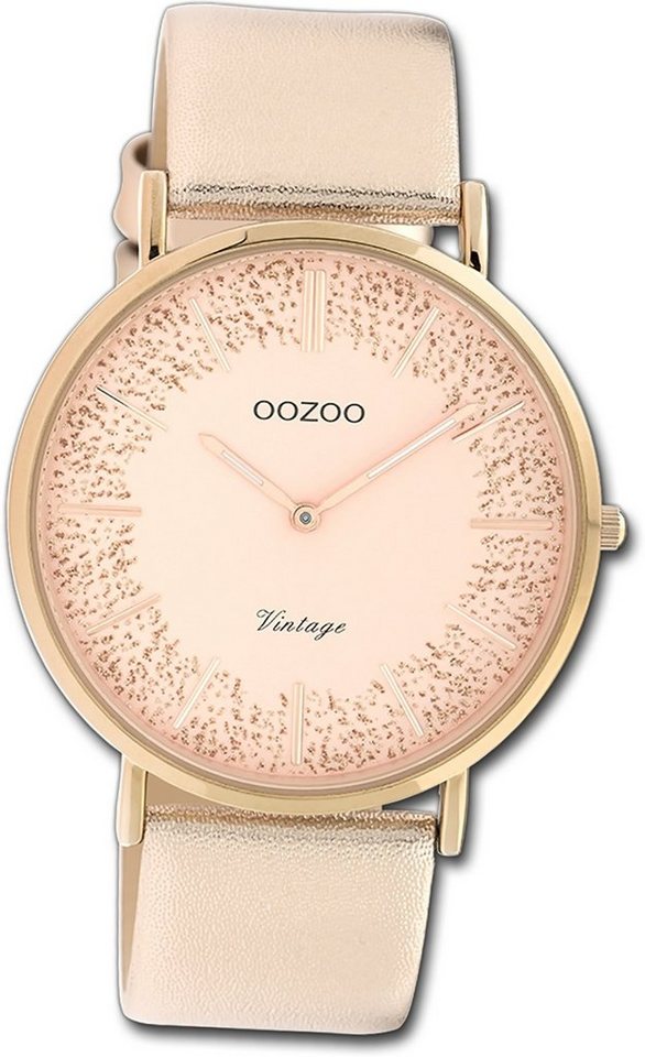 OOZOO Quarzuhr Oozoo Damen Armbanduhr Ultra Slim, Damenuhr Lederarmband roségold, rundes Gehäuse, groß (ca. 40mm) von OOZOO