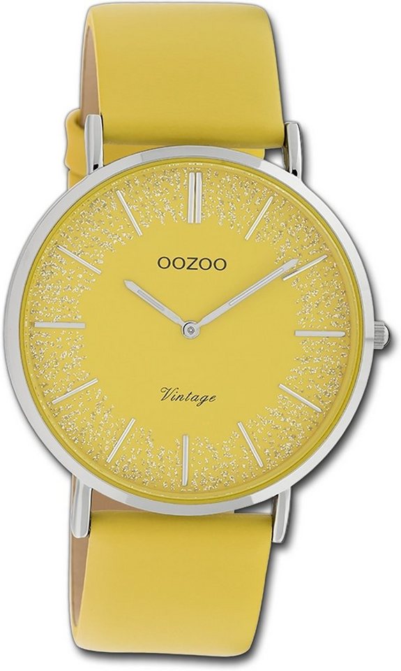 OOZOO Quarzuhr Oozoo Damen Armbanduhr Ultra Slim, Damenuhr Lederarmband gelb, rundes Gehäuse, groß (ca. 40mm) von OOZOO