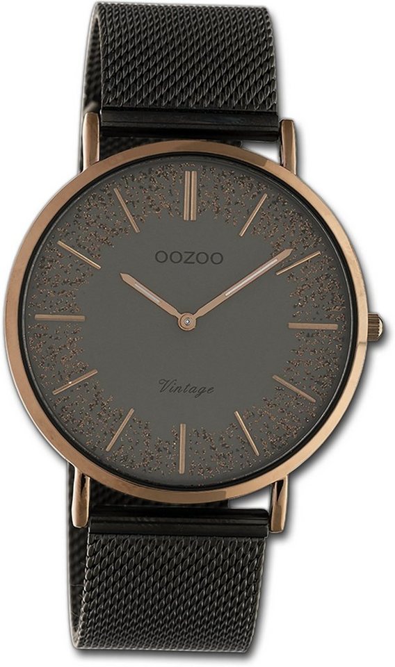 OOZOO Quarzuhr Oozoo Damen Armbanduhr Ultra Slim, Damenuhr Edelstahlarmband schwarz, rundes Gehäuse, groß (ca. 40mm) von OOZOO