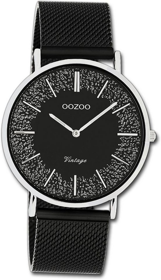 OOZOO Quarzuhr Oozoo Damen Armbanduhr Ultra Slim, Damenuhr Edelstahlarmband schwarz, rundes Gehäuse, groß (ca. 40mm) von OOZOO