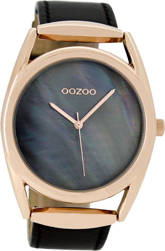 OOZOO Quarzuhr Oozoo Quarz-Uhr Damen rose Timepieces, Damenuhr Lederarmband schwarz, rundes Gehäuse, groß (ca. 42mm) von OOZOO