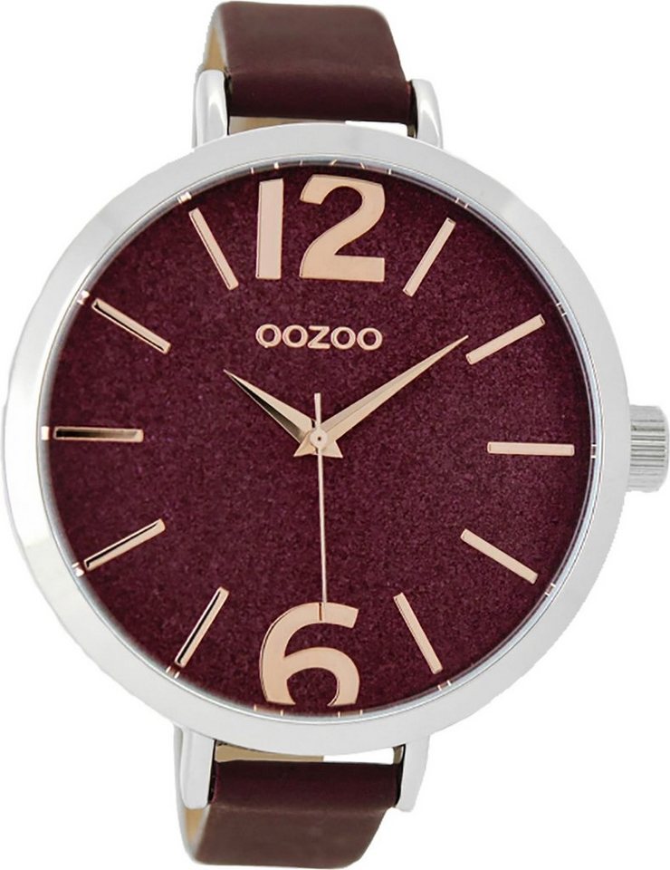 OOZOO Quarzuhr Oozoo Quarz-Uhr Damen silber Timepieces, Damenuhr Lederarmband rot, rundes Gehäuse, extra groß (ca. 48mm) von OOZOO