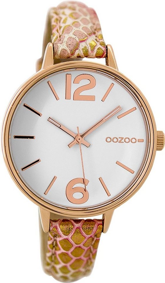 OOZOO Quarzuhr Oozoo Leder Damen Uhr C9481 Analog, Damenuhr Lederarmband pink, gold, rundes Gehäuse, mittel (ca. 38mm) von OOZOO