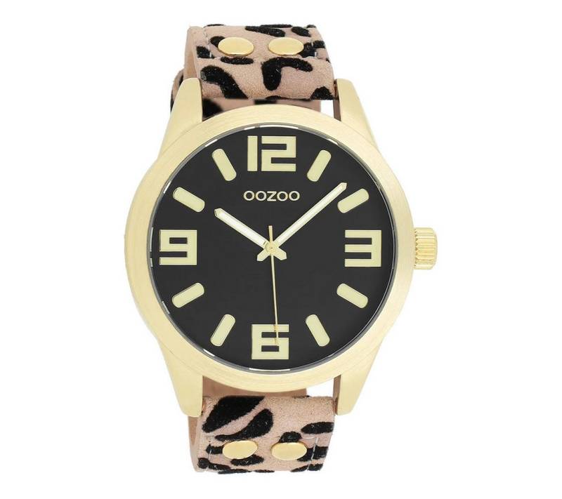 OOZOO Quarzuhr Damenuhr C1098 – Elegante Quarzuhr in IP-Gold, Taupef. Lederarmband, mit Animalprint, 46 mm Gehäuse – Zeitloses Design für Damen von OOZOO