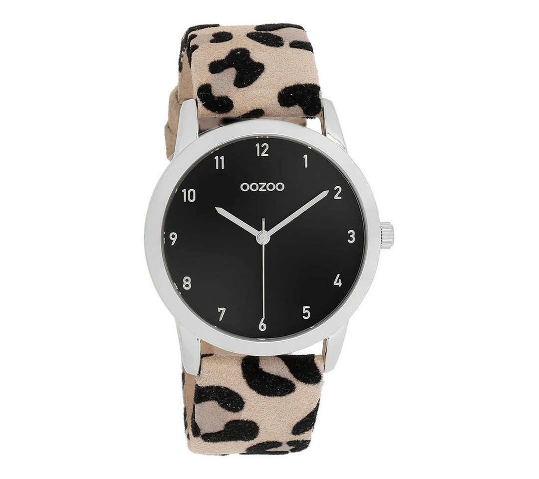 OOZOO Quarzuhr Damenuhr C11542, 38 mm – Armbanduhr mit schwarzem Zifferblatt, & taupefarbenem Lederband im Leo-Design von OOZOO