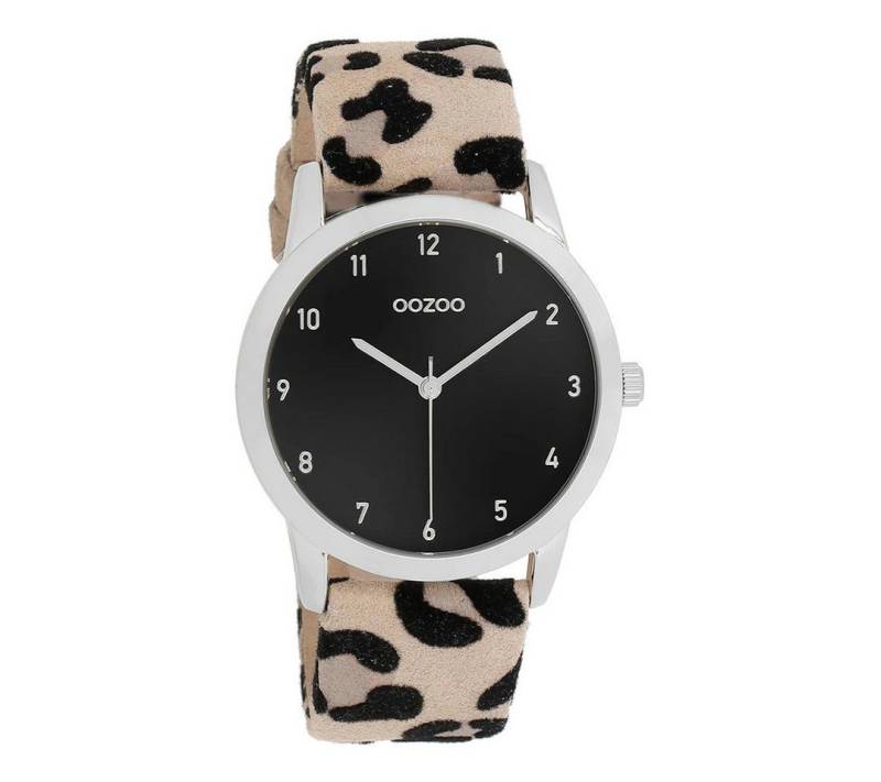 OOZOO Quarzuhr Damenuhr C11542, 38 mm – Armbanduhr mit schwarzem Zifferblatt, & taupefarbenem Lederband im Leo-Design von OOZOO