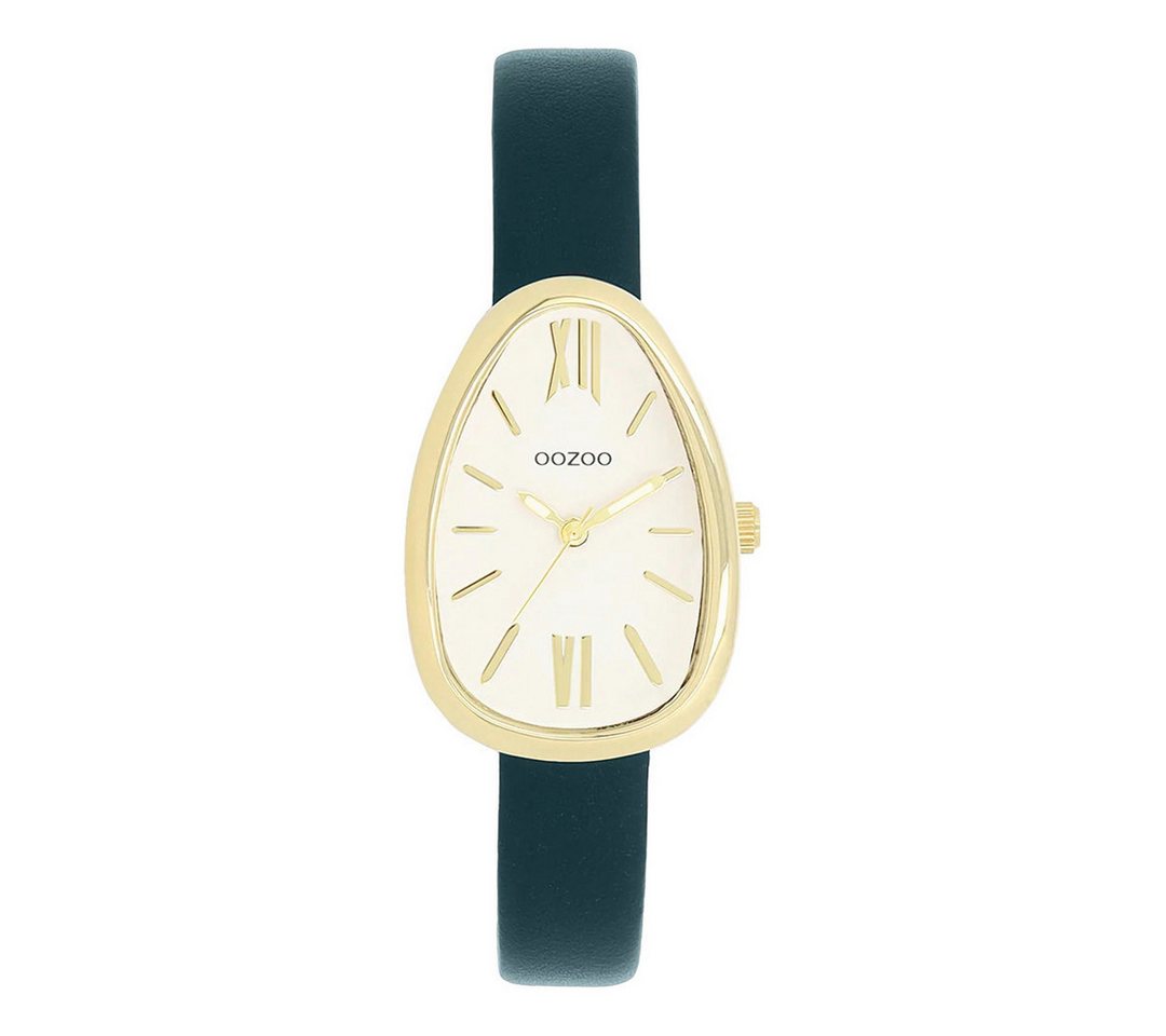 OOZOO Quarzuhr Damenuhr C11636 – IP-Gold, Lederband Blaugrün, Egg-Shape 22×31 mm von OOZOO