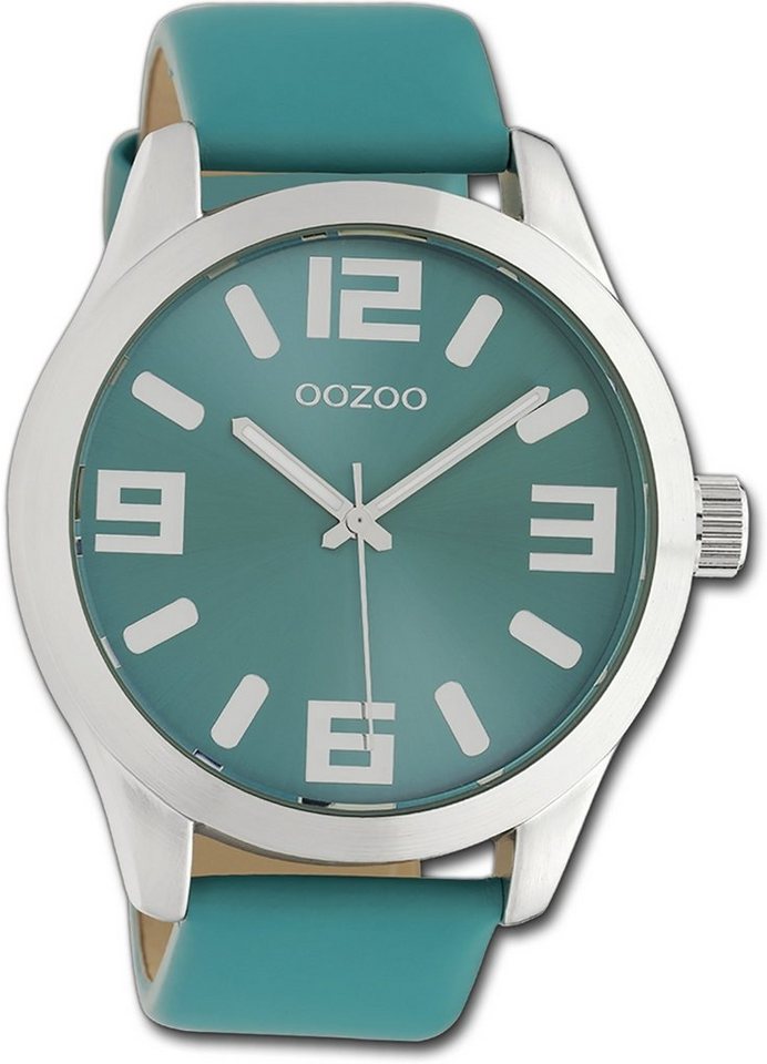 OOZOO Quarzuhr Oozoo Armbanduhr Timepieces, Damenuhr Lederarmband türkis, rundes Gehäuse, extra groß (ca. 47mm) von OOZOO