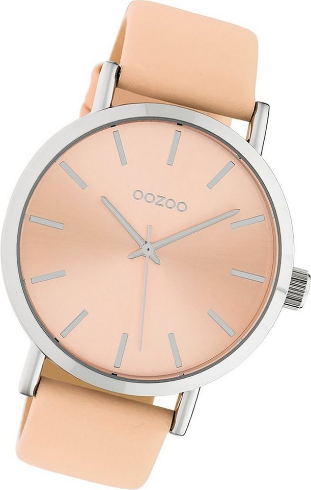 OOZOO Quarzuhr Oozoo Damen Armbanduhr Timepieces, Damenuhr Lederarmband beige, rosa, rundes Gehäuse, groß (ca. 42mm) von OOZOO