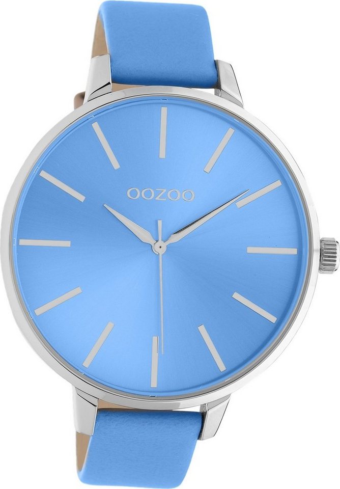 OOZOO Quarzuhr Oozoo Damen Armbanduhr Timepieces, Damenuhr Lederarmband blau, rundes Gehäuse, extra groß (ca. 48mm) von OOZOO