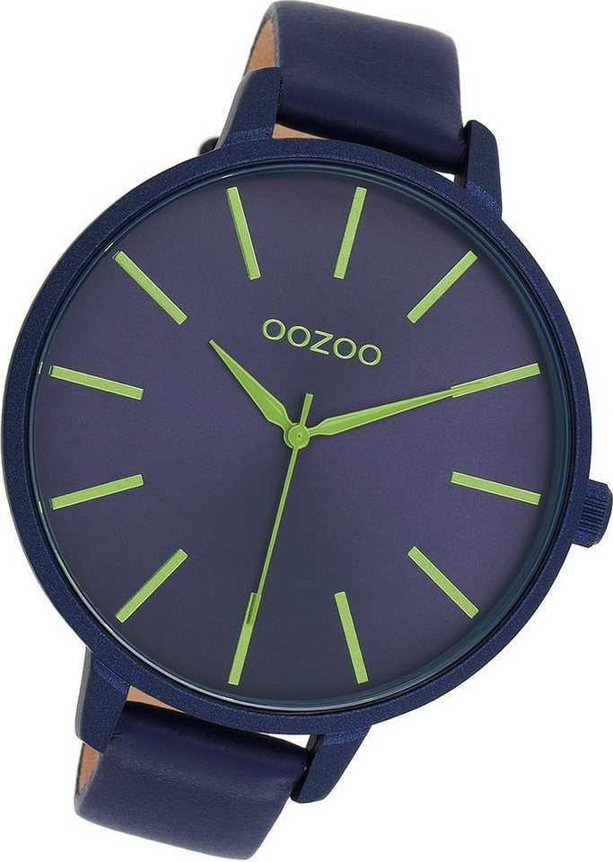 OOZOO Quarzuhr Oozoo Damen Armbanduhr Timepieces, Damenuhr Lederarmband blau, rundes Gehäuse, extra groß (ca. 48mm) von OOZOO