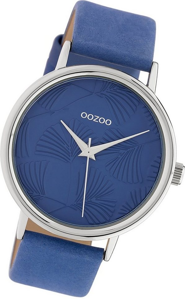 OOZOO Quarzuhr Oozoo Damen Armbanduhr Timepieces, Damenuhr Lederarmband blau, rundes Gehäuse, groß (ca. 42mm) von OOZOO