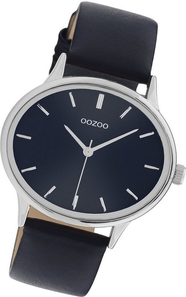 OOZOO Quarzuhr Oozoo Damen Armbanduhr Timepieces, Damenuhr Lederarmband blau, rundes Gehäuse, groß (ca. 42mm) von OOZOO