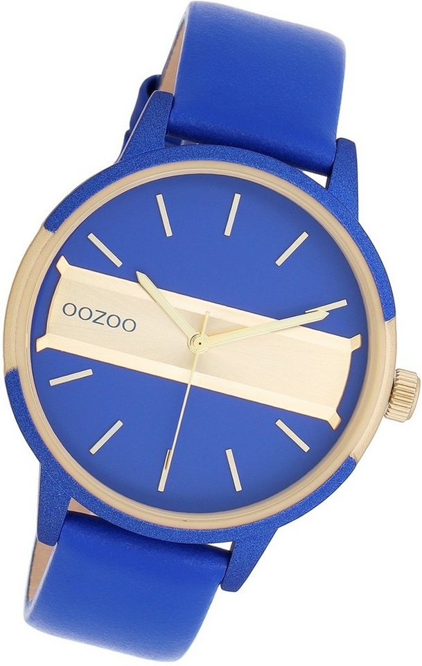 OOZOO Quarzuhr Oozoo Damen Armbanduhr Timepieces, Damenuhr Lederarmband blau, rundes Gehäuse, groß (ca. 42mm) von OOZOO