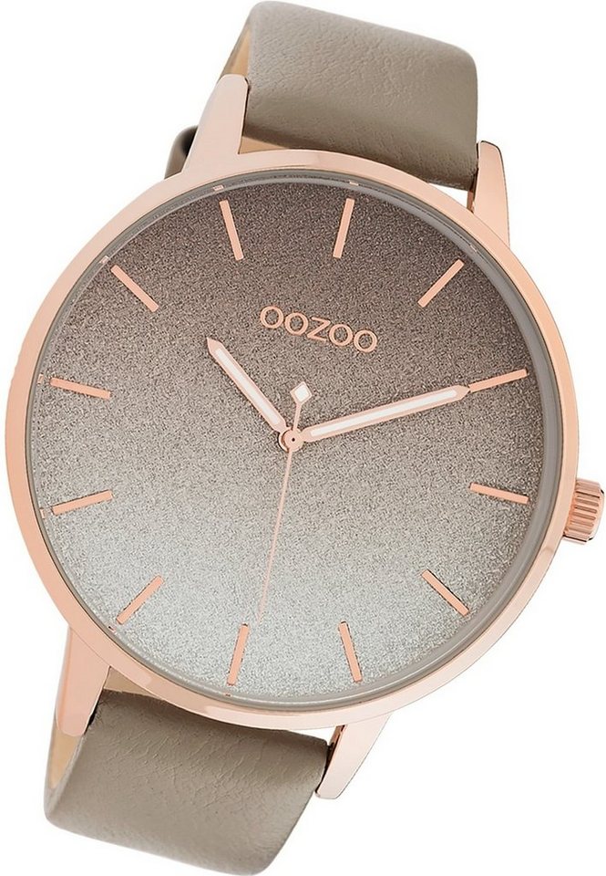 OOZOO Quarzuhr Oozoo Damen Armbanduhr Timepieces, Damenuhr Lederarmband braun, rundes Gehäuse, extra groß (ca. 48mm) von OOZOO