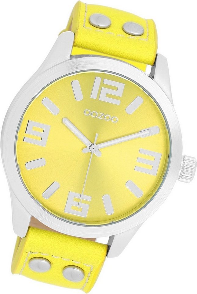 OOZOO Quarzuhr Oozoo Damen Armbanduhr Timepieces, Damenuhr Lederarmband gelb, rundes Gehäuse, extra groß (ca. 46mm) von OOZOO