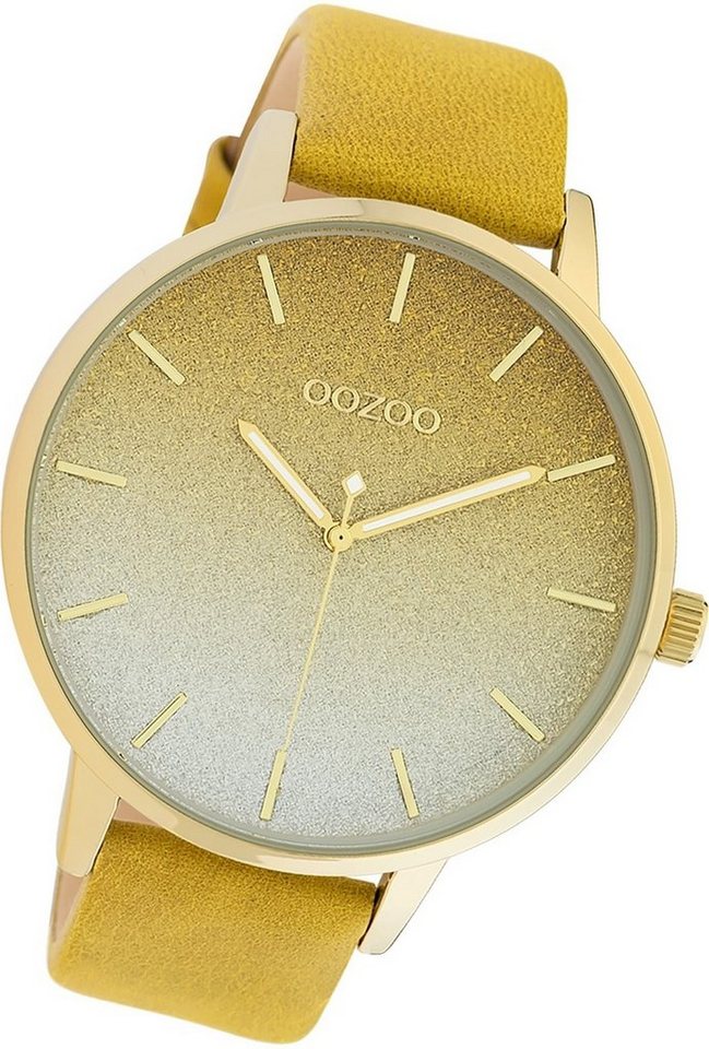 OOZOO Quarzuhr Oozoo Damen Armbanduhr Timepieces, Damenuhr Lederarmband gelb, rundes Gehäuse, extra groß (ca. 48mm) von OOZOO