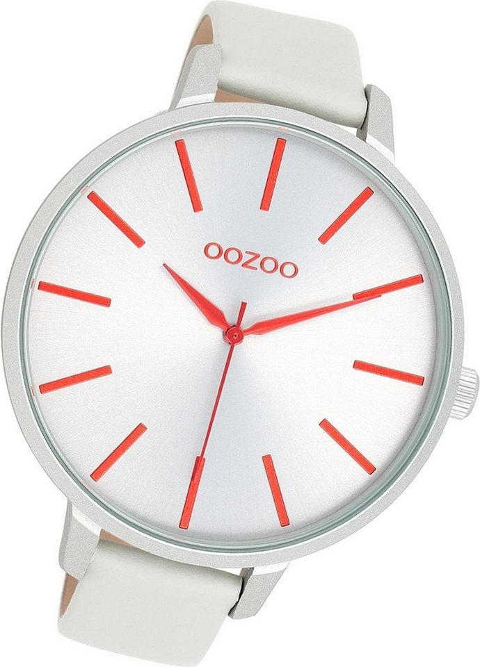 OOZOO Quarzuhr Oozoo Damen Armbanduhr Timepieces, Damenuhr Lederarmband grau, rundes Gehäuse, extra groß (ca. 48mm) von OOZOO