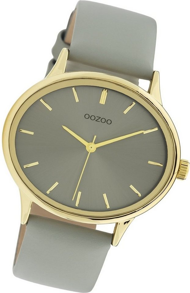 OOZOO Quarzuhr Oozoo Damen Armbanduhr Timepieces, Damenuhr Lederarmband grau, rundes Gehäuse, groß (ca. 42mm) von OOZOO