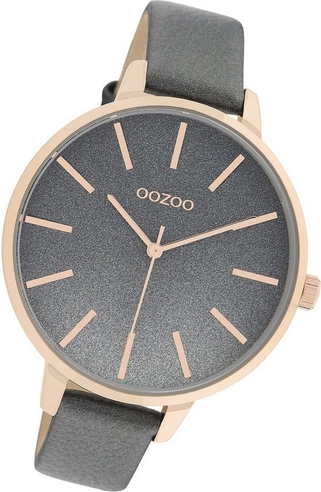 OOZOO Quarzuhr Oozoo Damen Armbanduhr Timepieces, Damenuhr Lederarmband grau, rundes Gehäuse, groß (ca. 42mm) von OOZOO